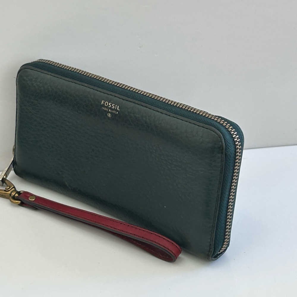 Vintage Fossil Dark Green Leather Zip Around Continental Wallet Wristlet - Picture 5 of 9